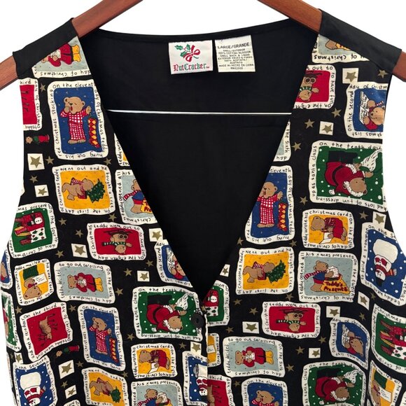 VTG Nutcracker Women's Cotton Christmas Bears Vest Size Large Button-Up Tie Back - Picture 5 of 11